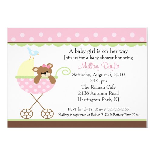 Baby Girl Bear Carriage Baby Shower Invitation