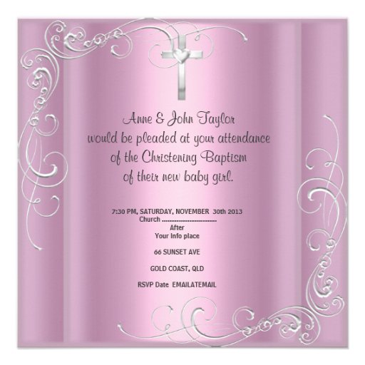 Baby Girl Christening Baptism Pink Silver Cross Invitations