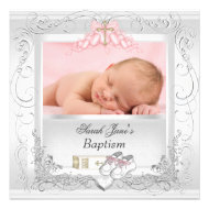 Baby Girl Christening Baptism White Pink Personalized Announcements