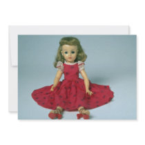 Baby girl doll dressed in red custom invitations