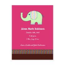 Baby Girl Elephant Announcement postcards