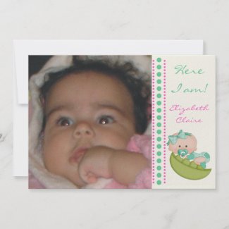 Baby girl in a peapod pink mint green birth photo invitation