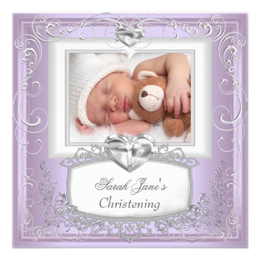 Baby Girl Lilac Christening Baptism Cross White Personalized Invites
