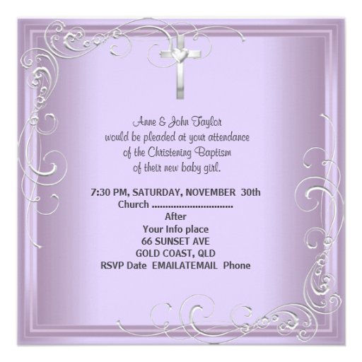 Baby Girl Lilac Christening Baptism Cross White Personalized Invites