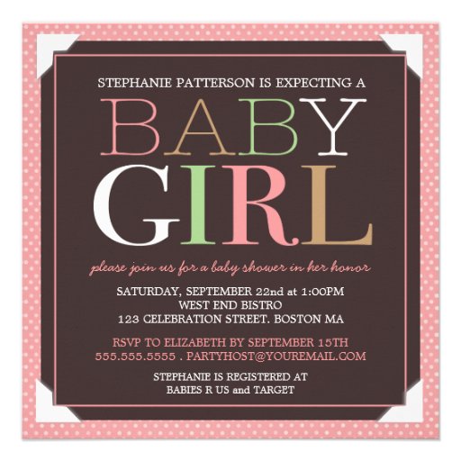 Baby Girl Modern Pink & Brown Baby Shower Announcements