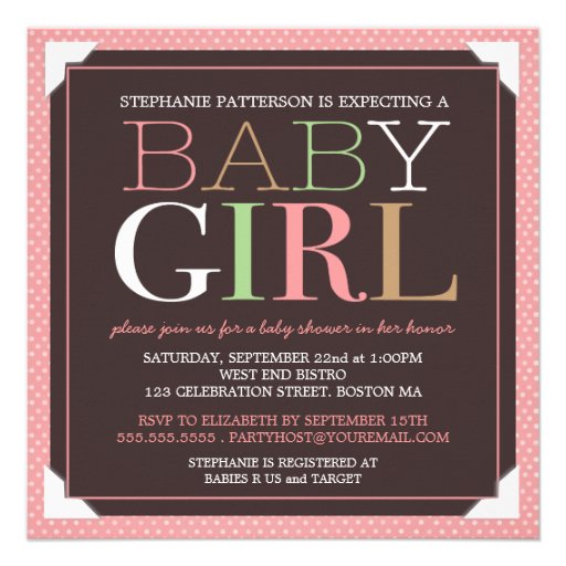 Baby Girl Modern Pink & Brown Baby Shower Announcements (front side)