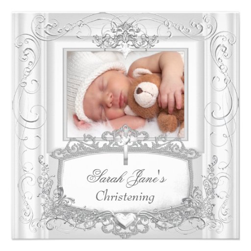 Baby Girl or Boy Christening Baptism Silver White Custom Announcements (front side)