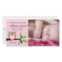 Baby Girl Owl Theme Birth Announcement Photo Card