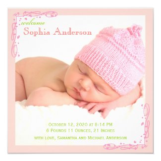 Baby Girl Photo Birth Announcement Soft Pink Swirl