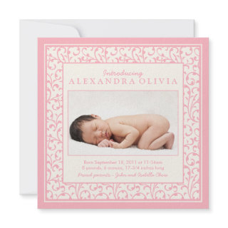 Baby Girl Photo Damask Floral Birth Announcement