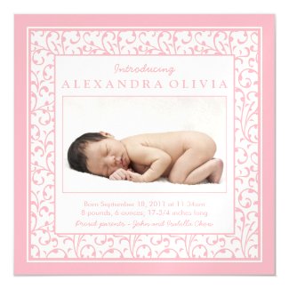 Baby Girl Photo Damask Floral Birth Announcement Magnetic Invitations