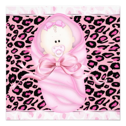 Baby Girl Pink Black Leopard Baby Girl Shower Announcements