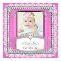Baby Girl Pink Christening Baptism Cross Lace invitations