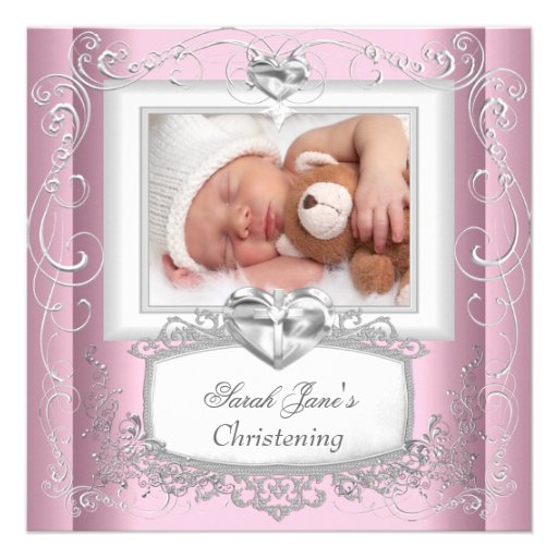 Baby Girl Pink Christening Baptism Cross White Custom Invites