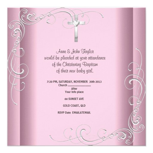 Baby Girl Pink Christening Baptism Cross White Custom Invites