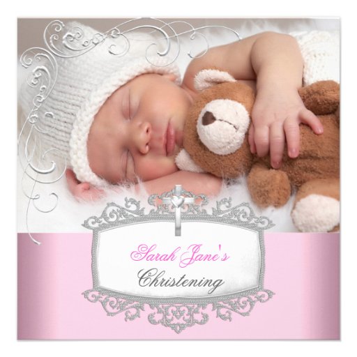 Baby Girl Pink Christening Baptism Cross White Personalized Announcements