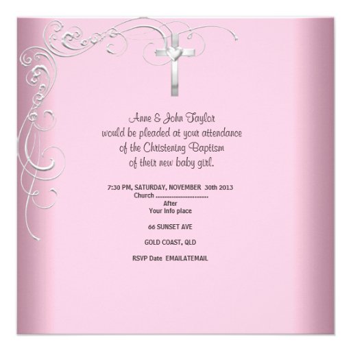 Baby Girl Pink Christening Baptism Cross White Personalized Announcements