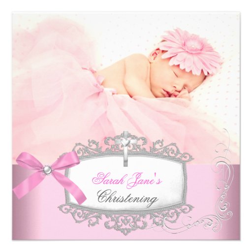 Baby Girl Pink Christening Baptism Cross White Invitations