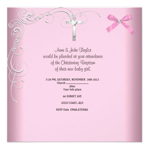 Baby Girl Pink Christening Baptism Cross White Invitations
