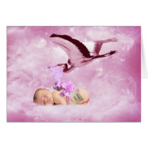 Baby girl pink clouds and stork card