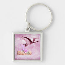 Baby girl pink clouds and stork keychains