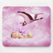 Baby girl pink clouds and stork mouse pads