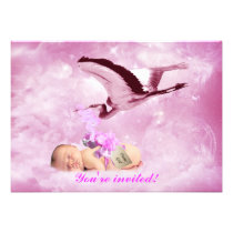 Baby girl pink clouds and stork shower invitation invitations
