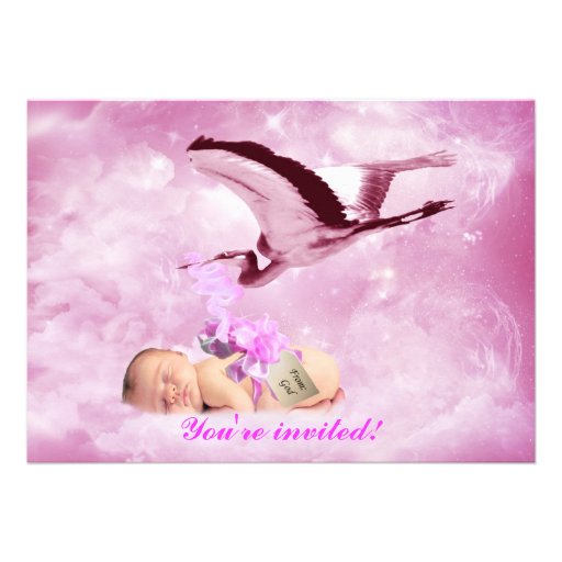 Baby girl pink clouds and stork shower invitation