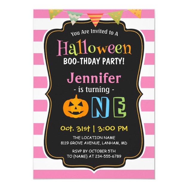Baby Girl Pink Halloween First Birthday Party Card (front side)