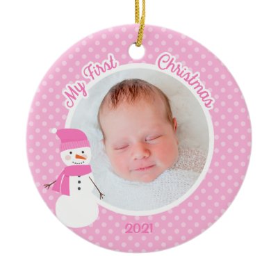 Baby Girl Pink Snowman First Christmas Photo Christmas Ornaments