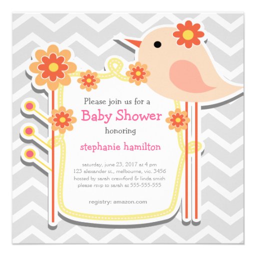 Baby girl shower gray chevron flower birds custom announcements