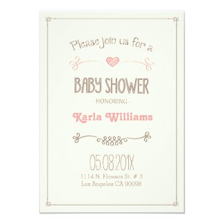 Baby Girl Shower Light Brown & Pink Heart 5x7 Paper Invitation Card