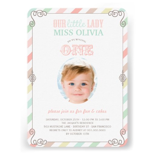 Baby Girl Vintage 1st Birthday Party Photo Invite (front side)