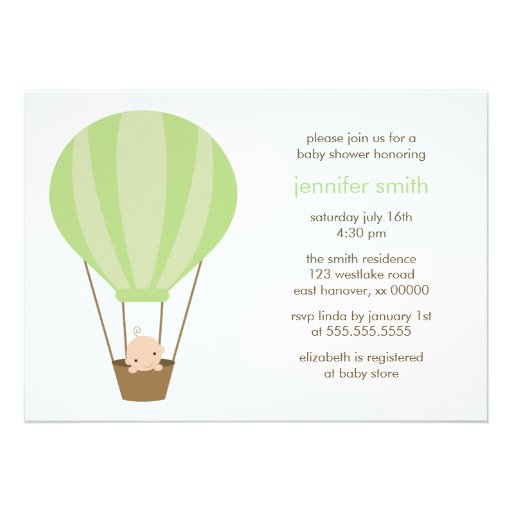 Baby in Green Balloon Personalized Invites