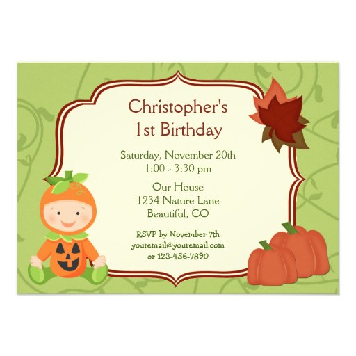 Baby in Pumpkin Costume 1st Birthday Invitation