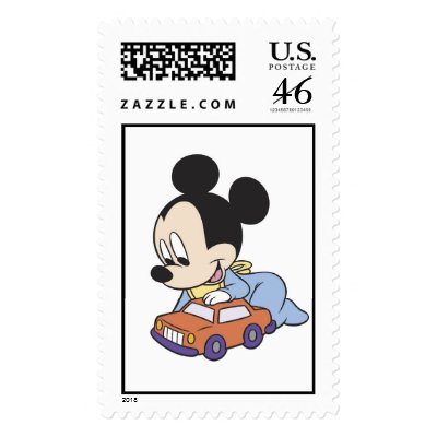 Baby Mickey Mouse playing with toy car postage