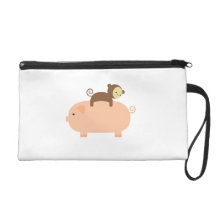 Baby Monkey Riding Backwards on a Pig Wristlet Clutch