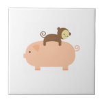 Baby Monkey Riding Backwards on a Pig Ceramic Tile