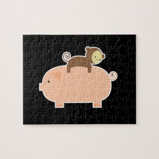 Baby Monkey Riding Backwards on a Pig Jigsaw Puzzle