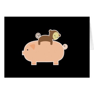 Baby Monkey Riding on a Pig Greeting Cards