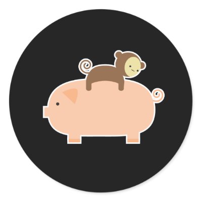 Baby Monkey Riding on a Pig Round Stickers