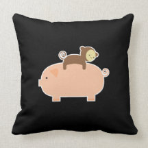 Baby Monkey Riding on a Pig Throw Pillows