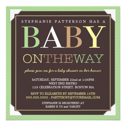 Baby On the Way Modern Green & Brown Baby Shower Invites