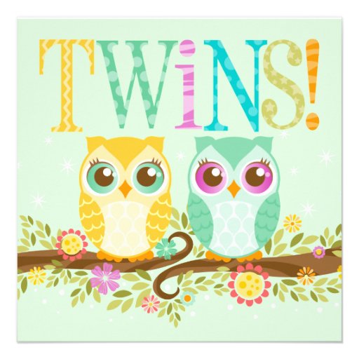 Baby Owl Twins - Gender Reveal / Unknown Shower Announcements