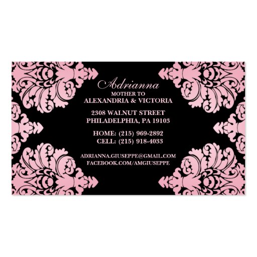 Baby Pink & Black Lush Damask Mommy Calling Card / Business Card (back side)