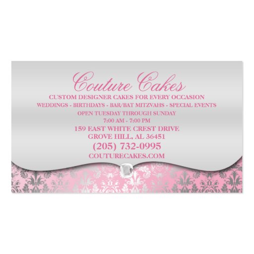 Baby Pink Cake Couture Glitzy Damask Cake Bakery Business Card (back side)