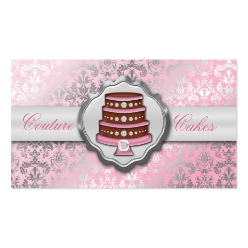 Baby Pink Cake Couture Glitzy Damask Cake Bakery Business Card (front side)