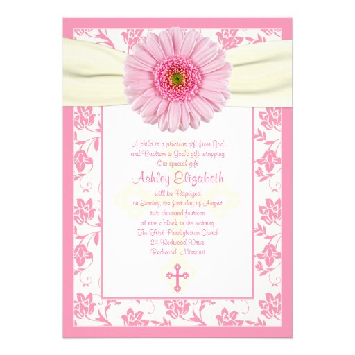 Baby Pink Gerbera Ivory Baptism Invitation