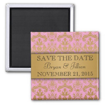 Baby Pink Gold Regal Damask Save the Date Fridge Magnets by 
