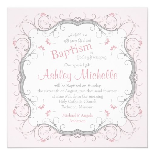 Baby Pink Grey Scroll Floral Baptism Invitation